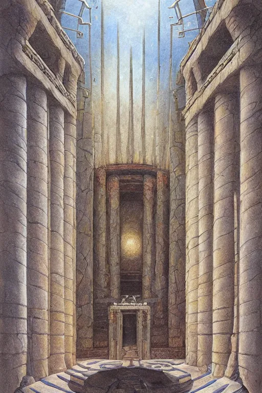 Prompt: Artwork by John Howe of the cinematic view of the Temple of Infernal Writings.