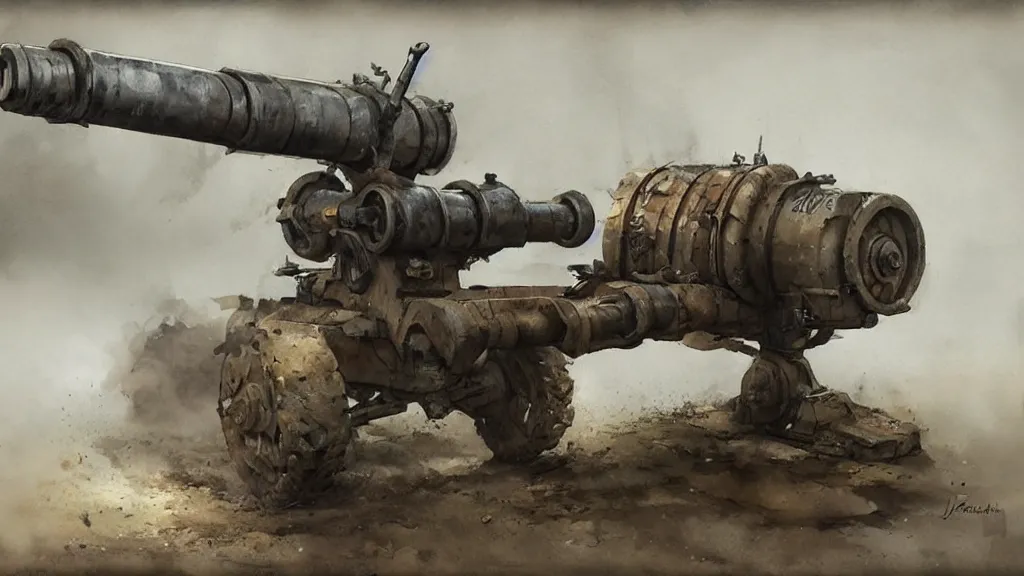 Image similar to realistic looking howitzer cannon, watercolored, jakub rozalski, dark colours, dieselpunk, artstation