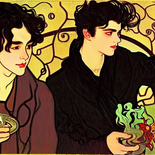 Image similar to painting of young cute handsome beautiful dark medium wavy hair man in his 2 0 s named shadow taehyung and cute handsome beautiful min - jun together at the halloween party, bubbling cauldron, candles, smoke, tarot, autumn colors, elegant, stylized, soft facial features, delicate facial features, art by alphonse mucha, vincent van gogh, egon schiele