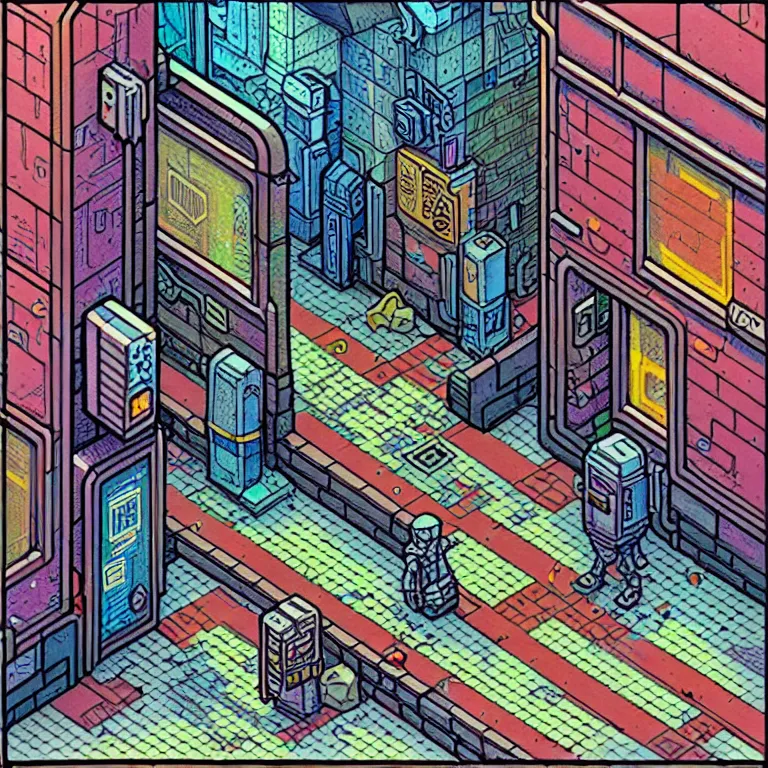 Image similar to an absurdly-detailed isometric cyberpunk alleyway colored-pencil drawing as a fancy square tile