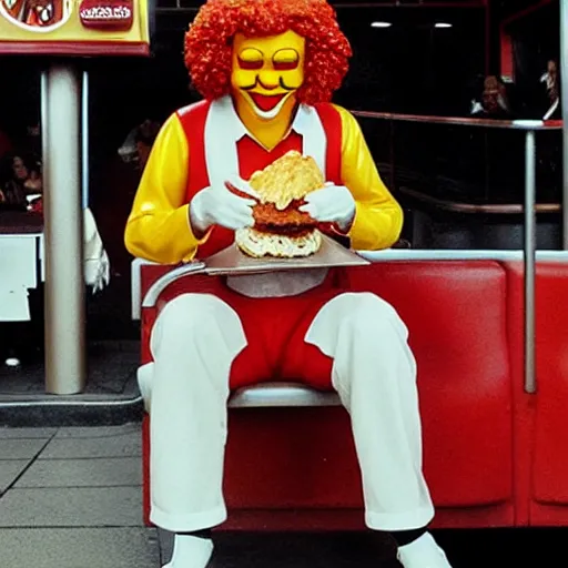 Prompt: Paparazzi Photograph of Ronald Mcdonald eating Kentucky Fried Chicken at Burger King