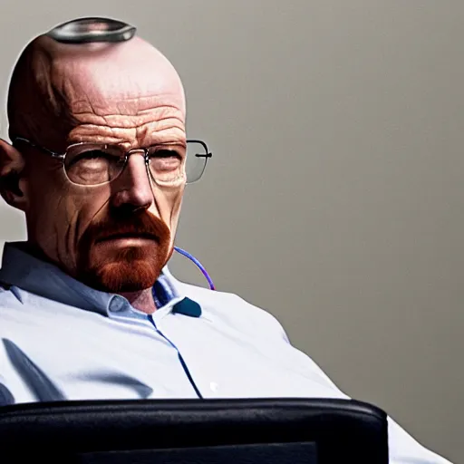Prompt: walter white wearing a clear oxygen mask with tube running to small oxygen containt next to him. walter sits in a wheelchair in a courtroom.