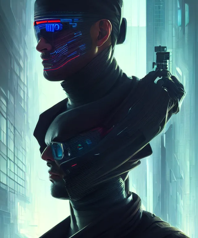 Image similar to Hacker cyberpunk man portrait, highly detailed, digital painting, artstation, concept art, smooth, sharp focus, illustration, art by artgerm and greg rutkowski and alphonse mucha