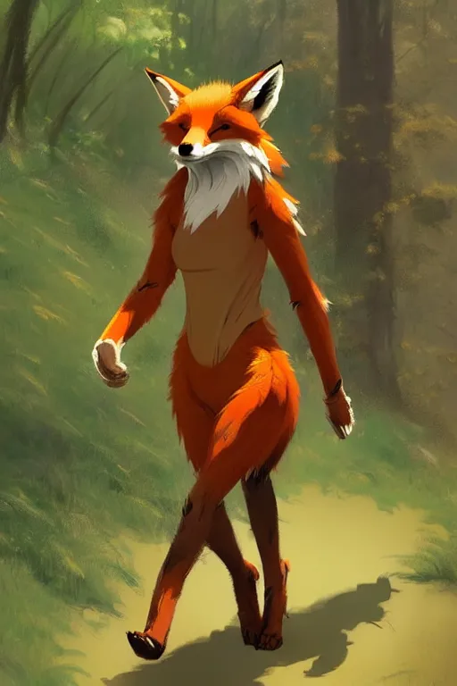 Image similar to anthro digitigrade natural - colored cartoon fox person, walking upright in a forest, greg rutkowski, gregory manchess