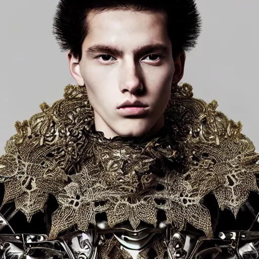 Image similar to a portrait of a beautiful young male wearing an alexander mcqueen armor made of lace , photographed by andrew thomas huang, artistic