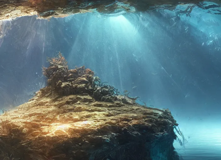Image similar to masterpiece artwork of a underwater dome inside the ocean, au naturel, hyper detailed, digital art, trending in artstation, cinematic lighting, studio quality, smooth render, unreal engine 5 rendered, octane rendered, art style by klimt and nixeu and ian sprigger and wlop and krenz cushart