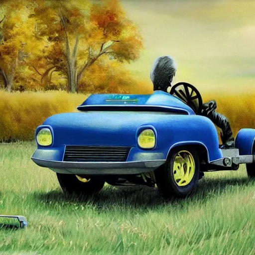 Prompt: a lawnmower car with a bed and computer screens inside, artstation hall of fame gallery, editors choice, #1 digital painting of all time, most beautiful image ever created, emotionally evocative, greatest art ever made, lifetime achievement magnum opus masterpiece, the most amazing breathtaking image with the deepest message ever painted, a thing of beauty beyond imagination or words