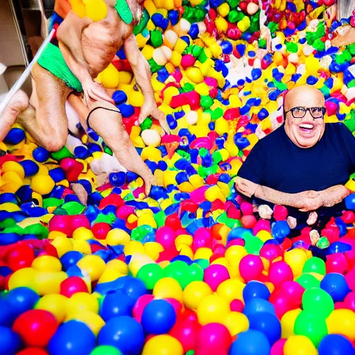 Image similar to danny devito playing in a ball pit, canon eos r 3, f / 1. 4, iso 2 0 0, 1 / 1 6 0 s, 8 k, raw, unedited, symmetrical balance, wide angle