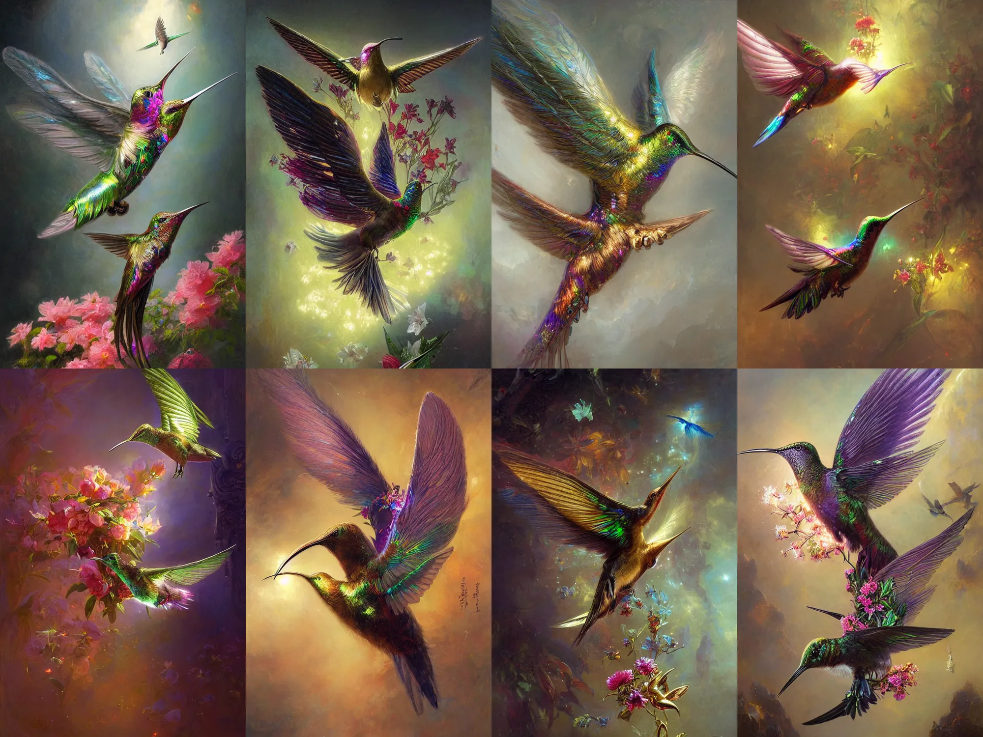 Prompt: cyborg humming bird sipping nectar from flowers, biomechanical wings, iridescent metallic feathers radiant light, caustics, heroic, bright iridescent light, by gaston bussiere, bayard wu, greg rutkowski, maxim verehin bloom dramatic lighting