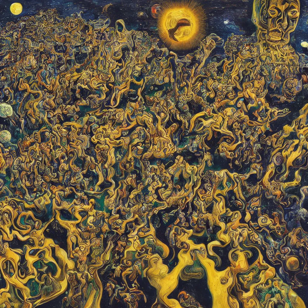 Image similar to intergalactic psychonaut unholy gathering, 4K, by collaboration of M. C. Escher and Salvador Dali and Van Gogh