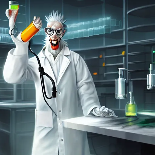 Prompt: a mad scientist goat in lab coats mixing acids, digital art, trending on artstation and unreal engine, deviantart, smooth, hyper detailed, award - winning, hd