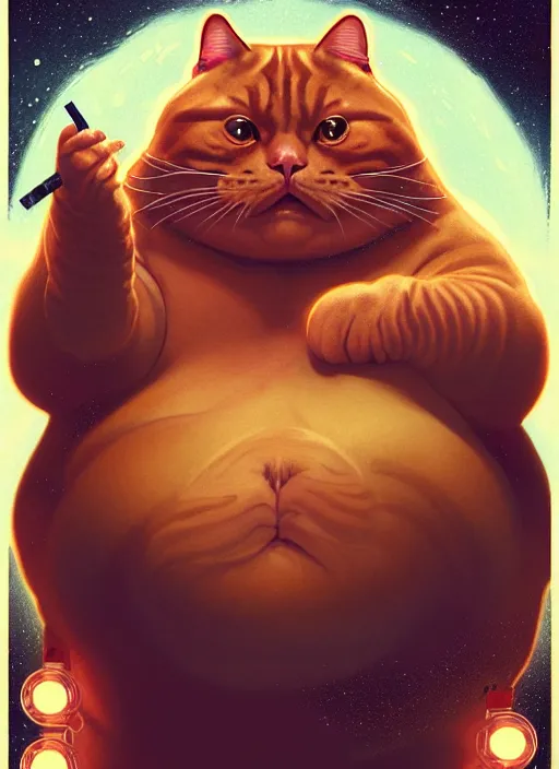 Prompt: a fat ginger cat as jabba the hutt smoking chicha, star wars, beautiful glowing lights, smoke, sci - fi, stunning, intricate, elegant. highly detailed, digital painting. artstation. smooth. sharp focus. illustration. art by artgerm and greg rutkowski and alphonse mucha