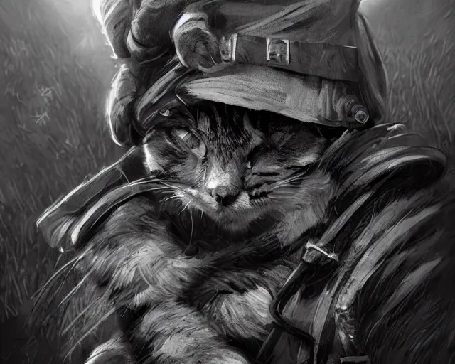 Image similar to A cat as a soldier in a world war 1 trench, close-up, black and white, amazing digital art, hyper detailed, artstation, in the style of Tony Sart