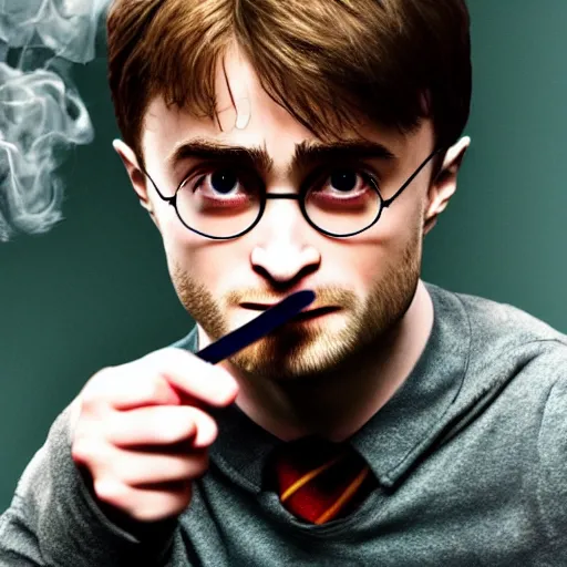 Image similar to daniel radcliffe as harry potter, smoking a fat blunt, closeup, smoke cloud, photorealistic, cinematic lighting