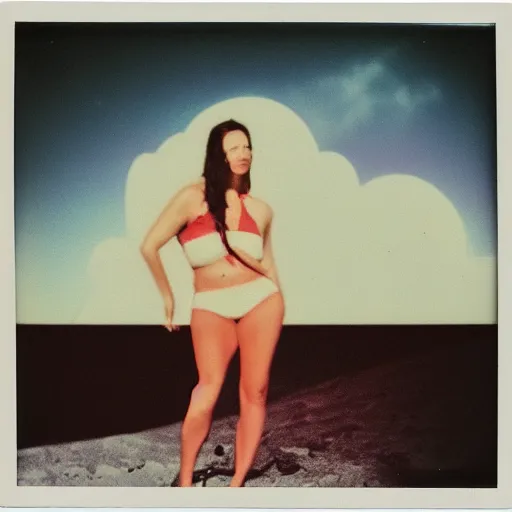 Image similar to vintage polaroid of a woman in a bikini on the surface of the moon landing, detailed clouds, warm azure tones, red color bleed, film grain