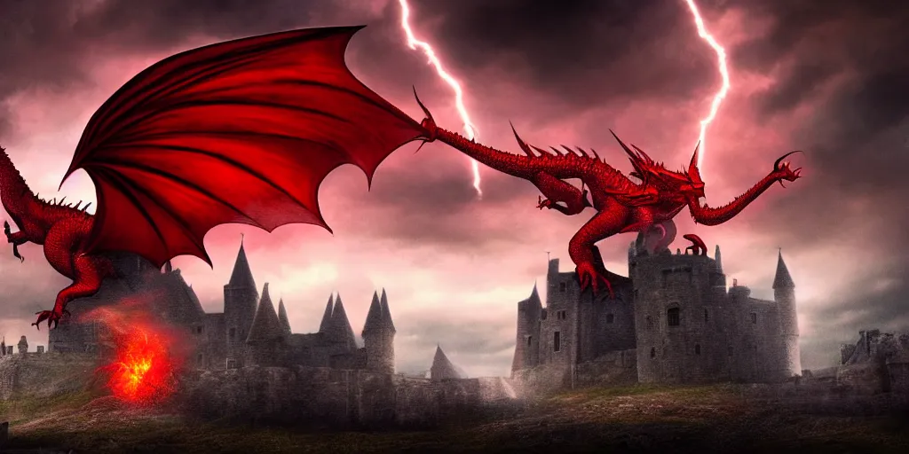 Prompt: A huge red dragon swoops past an imposing medieval castle, fire, dark fantasy, stormy sky, volumetric lightning, digital art