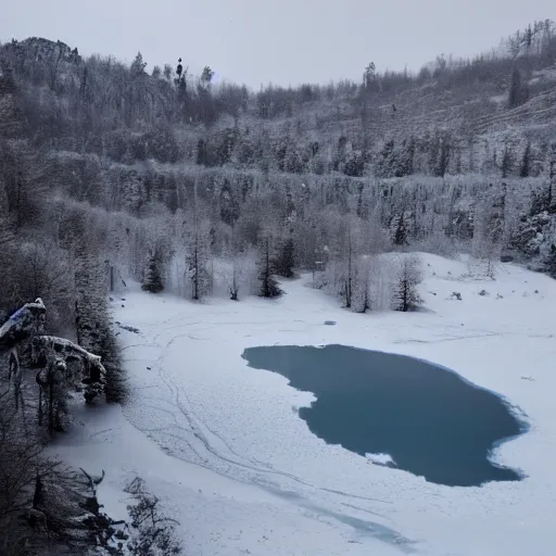 Image similar to a frozen lake with a city beneath it, fantastical, realistic