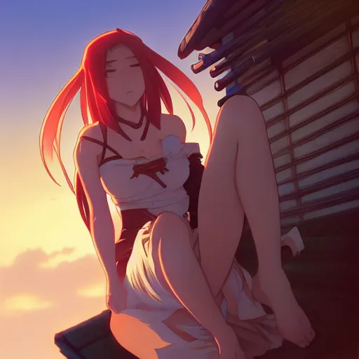 Prompt: anime in the style of arcane, beautiful gorgeous female shinobi sitting on an old oriental roof at sunset, wlop, alphonse mucha, greg rutkowski, ilya kuvshinov, sharp focus, backlit