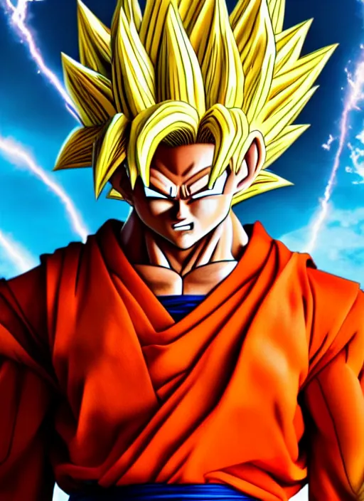 Image similar to a full portrait photo of super saiyan son goku, f / 2 2, 3 5 mm, 2 7 0 0 k, lighting, perfect faces, award winning photography.