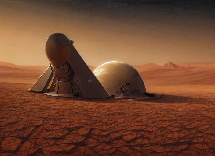 Prompt: a silver space rocket in a martian desert, by jean delville and sophie anderson and mandy jurgens, retrofuturism, moody atmosphere, cinematic atmospheric, cinematic lighting, golden ratio, perfect composition, elegant, no crop, extremely detailed, 4 k, hd, sharp focus, masterpiece, trending on artstation