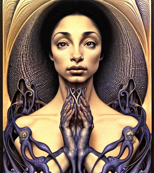 Image similar to detailed realistic beautiful young sade adu face portrait by jean delville, gustave dore and marco mazzoni, art nouveau, symbolist, visionary, baroque, intricate fractal, biomechanical. horizontal symmetry by zdzisław beksinski, iris van herpen, raymond swanland and alphonse mucha. highly detailed, hyper - real, beautiful