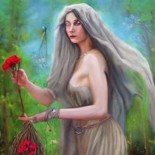 Image similar to a beautiful oil painting of Circe the witch picking up flowers, detailled, HD, realistic