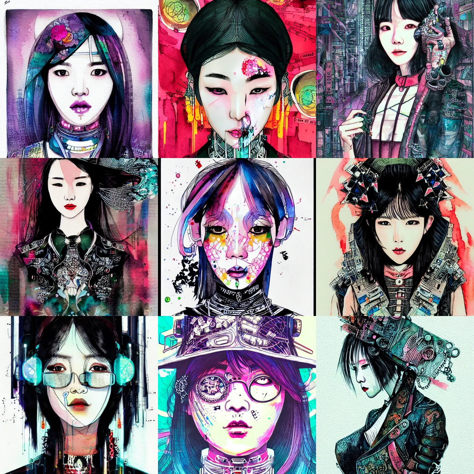 Prompt: korean women's fashion machine witch, intricate watercolor cyberpunk portrait by tim doyle