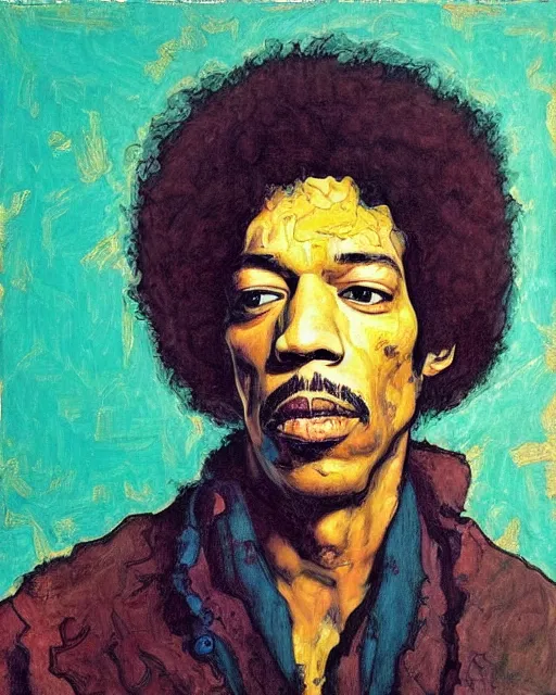 Image similar to portrait of jimi hendrix by greg rutkowski in the style of egon schiele