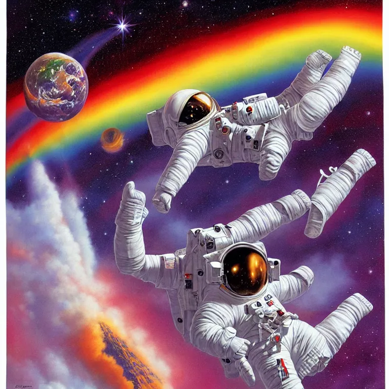 Image similar to astronaut at the rainbow bridge. paul gulacy. philip caza. artgerm.