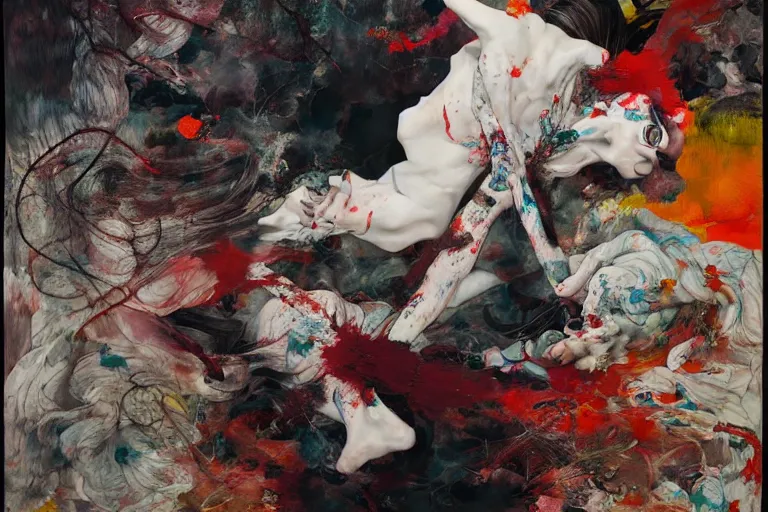 Prompt: the physical impossibility of death, bodies entwined, gothic, rich deep colours, painted by francis bacon, adrian ghenie, james jean and petra cortright, part by gerhard richter, part by takato yamamoto. 8 k masterpiece