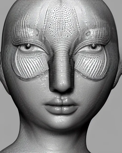 Prompt: mythical dreamy black and white organic bio-mechanical spinal ribbed profile face portrait detail of translucent steampunk beautiful female angelic-human-queen-vegetal-cyborg, highly detailed, intricate crystal jelly ornate, poetic, 3D render, digital art, octane render, 8K artistic photography, photo-realistic, by Dora Maar