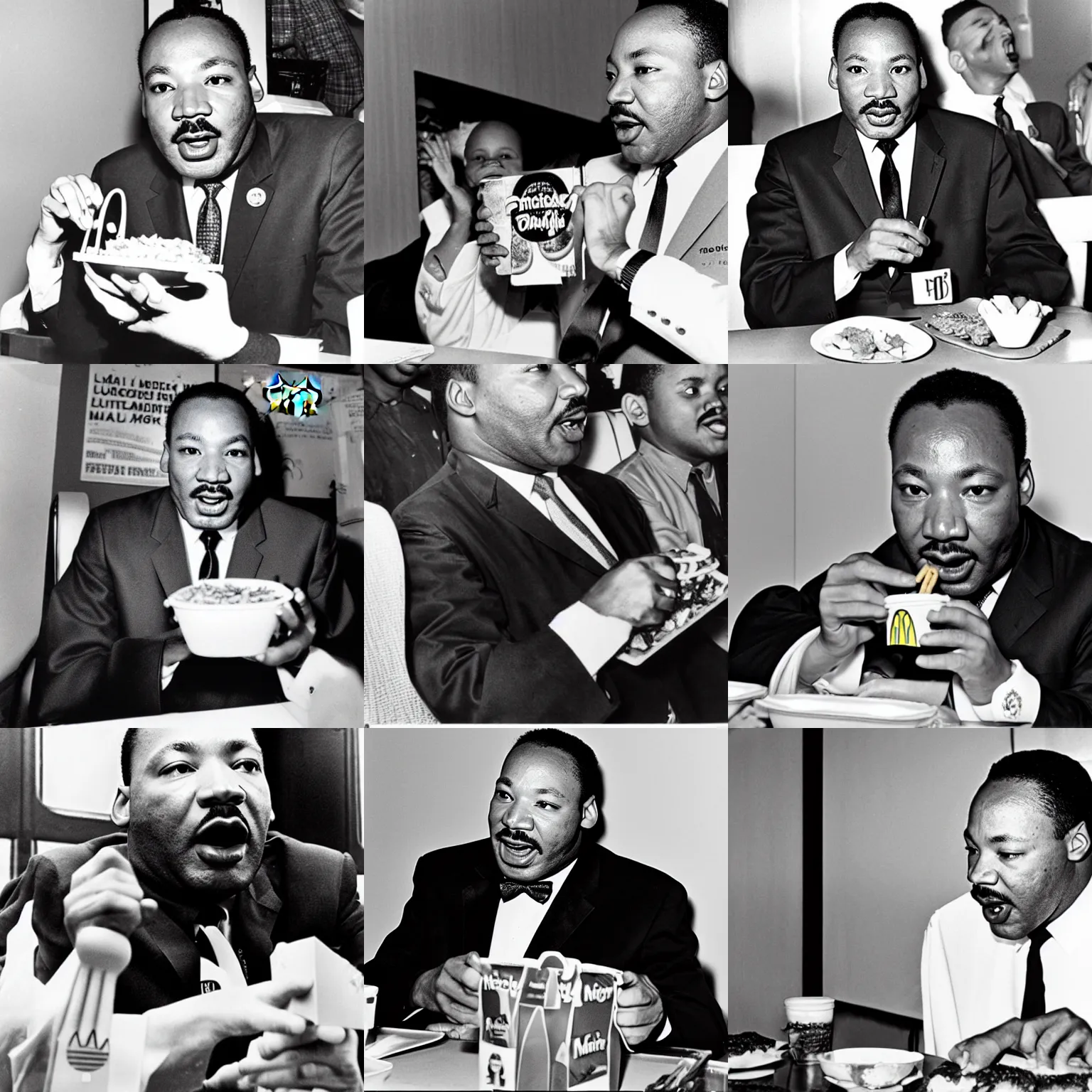 Prompt: martin luther king eating a mcdonald's happy meal