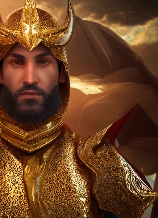 Image similar to portrait of sheikh ruler of dubai, dragon, head and torso only, cinematic lighting, studio quality, smooth render, unreal engine 5 rendered, octane rendered, art style by klimt and nixeu and ian sprigger and wlop and krenz cushart.