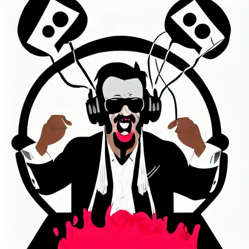 Image similar to svg vector sticker of absolutely insane-mad-scientist-villain, rocking out, wearing headphones, huge speakers, dancing, rave, DJ, spinning records, digital art, amazing composition, rule-of-thirds, award-winning, trending on artstation, featured on deviantart