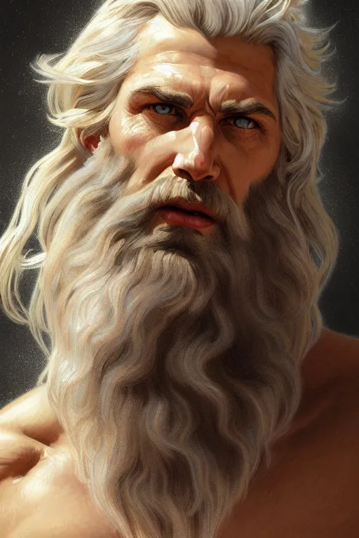 Image similar to painted portrait of rugged zeus, god of thunder, greek god, white hair, masculine, mature, handsome, upper body, muscular, hairy torso, fantasy, intricate, elegant, highly detailed, digital painting, artstation, concept art, smooth, sharp focus, illustration, art by gaston bussiere and alphonse mucha