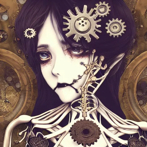 Image similar to surreal manga anime photo portrait of complex bio-mechanical beautiful young female skeletal cyborg with a Mandelbrot fractal steampunk metal fine lace face, retrofuturistic depressing, floral foliage super big lace collar, rococo, steampunk, 8k