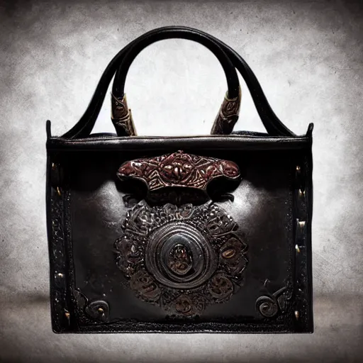 Image similar to an ornate small leather bag, fantasy illustration, medieval era, blank background, studio lighting, digital art