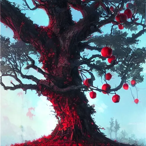 Prompt: a tree with many black black apples (((red))) !!!!!!!black apples!!!!!!!!, painted by rossdraws, greg rutkowski, thomas kindkade