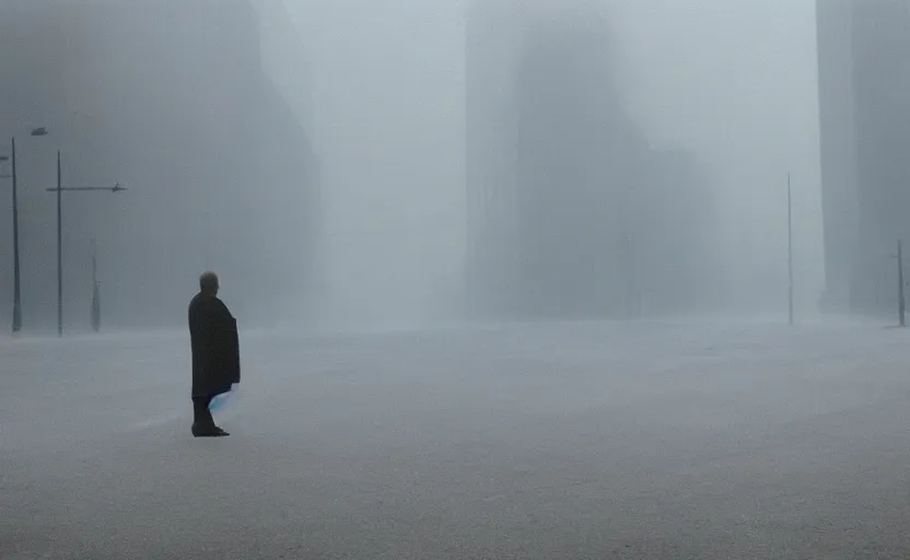 Prompt: cinematic shot of a lonely man with broken heart, moody scene from being john malcovich directed by charlie kaufman ( 2 0 0 1 ), foggy volumetric light morning, anamorphic lenses, kodak color film stock