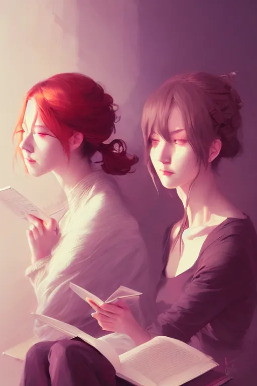 Image similar to portrait of two wise and very beautiful women reviewing some texts, art by guweiz, intricate, elegant, highly detailed, smooth, sharp focus, artstation