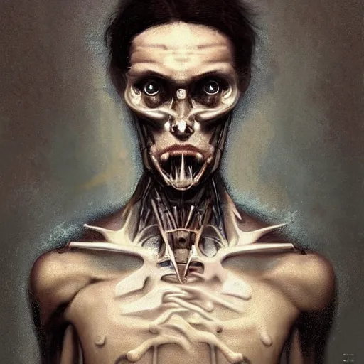 Image similar to surreal portrait of a man by Greg Rutkowski, symmetrical face, he is about 30 years old, short black hair with bangs, his features are a mix between French, Turkish and Russian, transformed into a kind of biomechanical transhuman god, uncany but fascinating, expression of epiphany and determination, cosmic void background, frightening, fascinating, highly detailed portrait, digital painting, book cover, artstation, concept art, smooth, sharp foccus ilustration, Artstation HQ