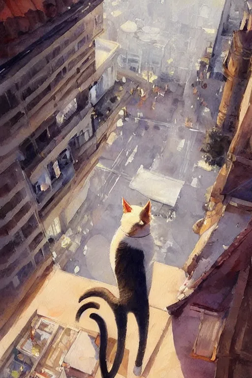 Image similar to beautiful clean oil painting a anthropomorphic cat in a cats city from the top of a roof pinterest, artstation trending, behance, watercolor, by coby whitmore, silver, laser light