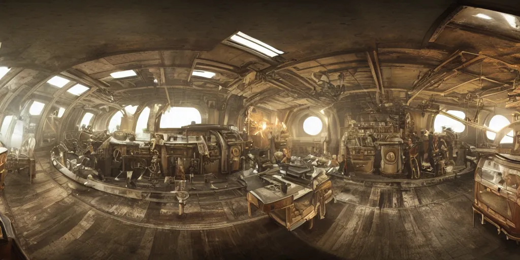 Image similar to 3 6 0 x 1 8 0 hdri panorama of a dieselpunk submarine interior set design, cinematic lighting, color contrast, arri alexa, anamorphic bokeh, professional lighting, 4 k, photographed by erik johansson, graded with davinci resolve