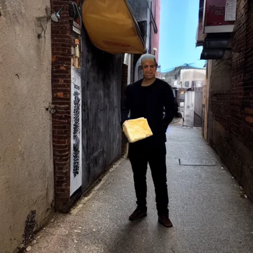 Image similar to photo of a very suspicious shady man holding cheese in a dark alleyway