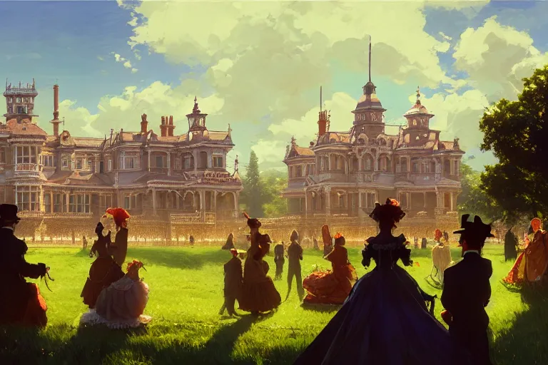 Image similar to an ornate victorian palace, party in front, scene in an open field. 1 8 9 0, key visual, conceptart, ambient lighting, highly detailed, digital painting, artstation, concept art, sharp focus, by makoto shinkai and akihiko yoshida and greg manchess