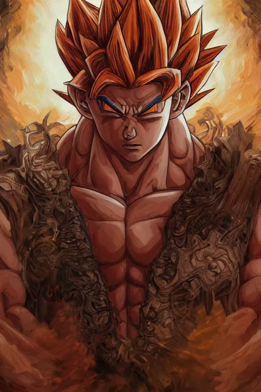 Prompt: portrait of goku as a herculian demon man, forest, full body, muscular, fantasy, intricate, elegant, highly detailed, digital painting, artstation, concept art, sharp focus, illustration, art by artgerm and greg rutkowski and alphonse mucha