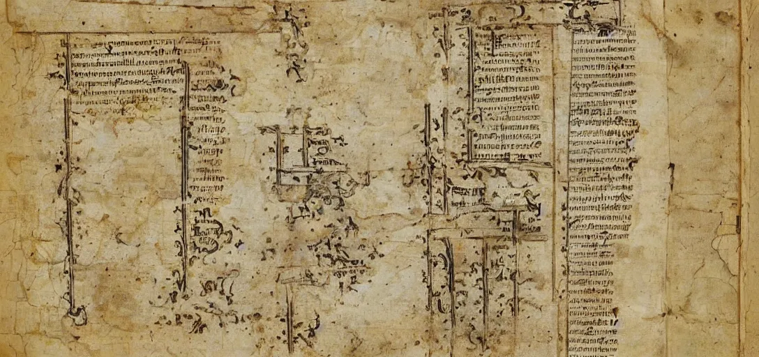 Image similar to source code written on ancient manuscript, medeival manuscript, ink manuscript, gothic font technical drawing blueprint