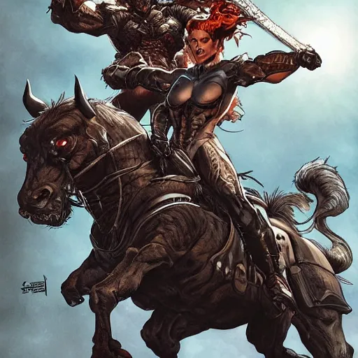 Prompt: chonky bald grey bearded ethan van sciver riding a dark horse into battle, full view, beautiful zoomed out artwork by artgerm and rutkowski, breathtaking, beautifully lit, dramatic, full view