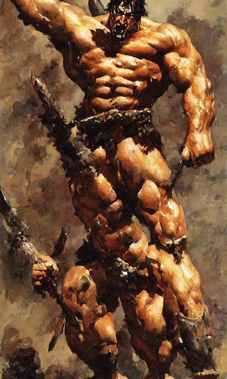 Image similar to an oil painting of a muscular barbarian warrior by frank frazetta