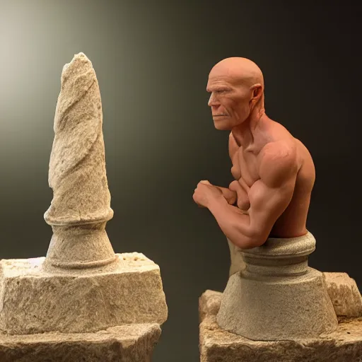 Prompt: a modeling clay statuette of Ed Harris, studio lighting, F 1.4 Kodak Portra